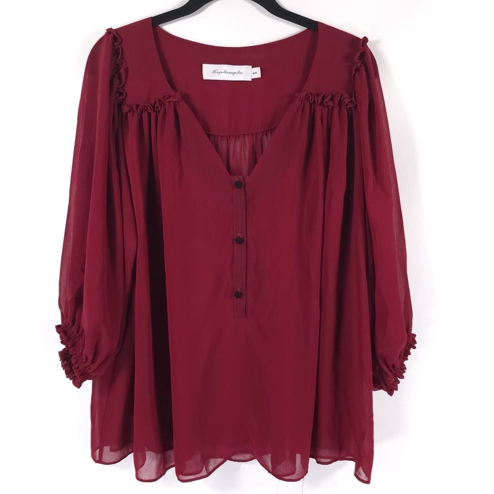 Misa Los Angeles Sheer Chiffon Wine Top V neck Pleated Ruffle Size MEDIUM - Picture 3 of 12